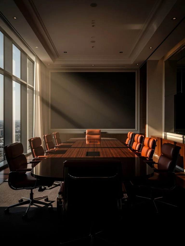 Warm executive boardroom with an empty walnut table and terracotta leather chairs in raking light