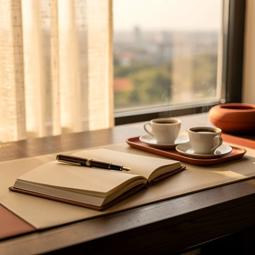 A desk set for a conversation: open notebook, fountain pen, and two espresso cups by a window