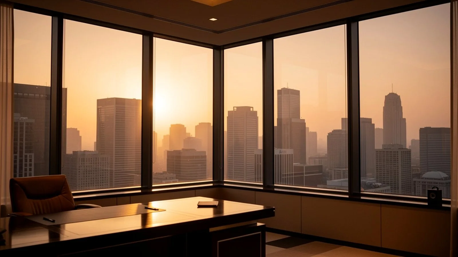 Corner office at dusk overlooking a city skyline in warm haze